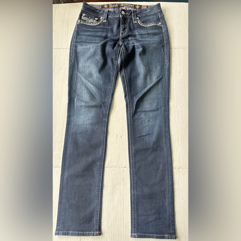 Rock Revival Women's Jeans Sherry Easy Skinny Sequined‎ Denim Blue Size 28